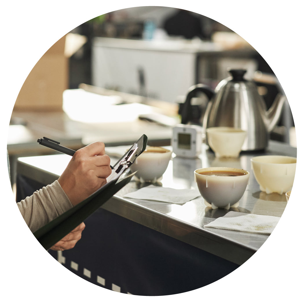 A barista holds a form to evaluate green beans—data-driven insights upgrade skills with avercasso AI green bean sorting.