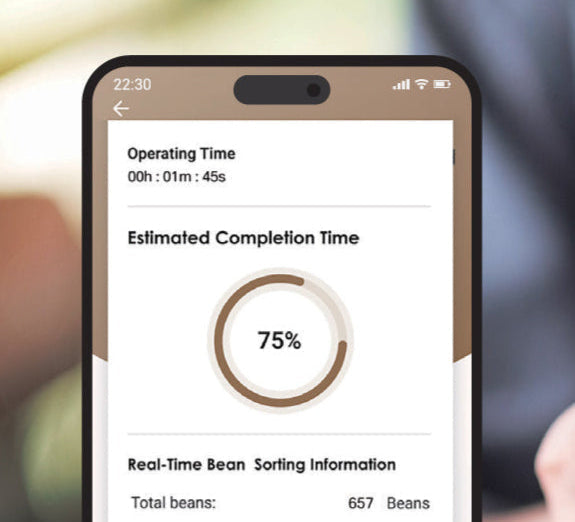 avercasso coffee sorting software showing real-time defect tracking and sorting time for improved roast consistency