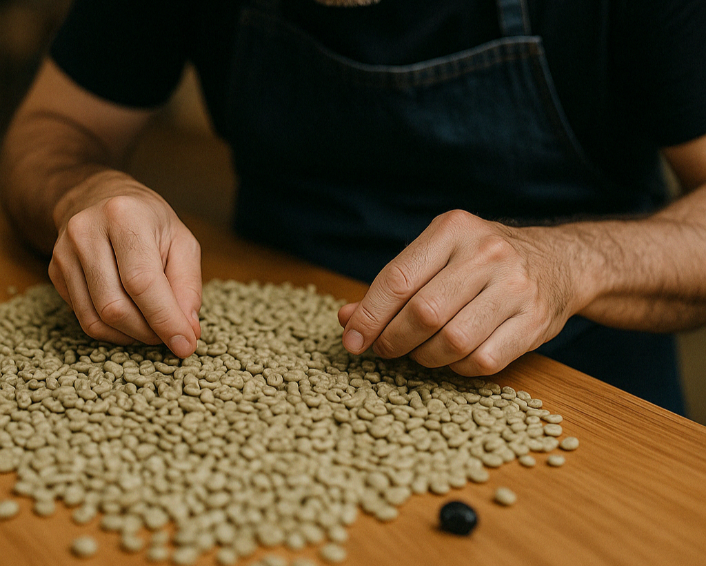 Manual hand-sorting of green coffee beans, a time-consuming process where one defect bean can ruin an entire roast