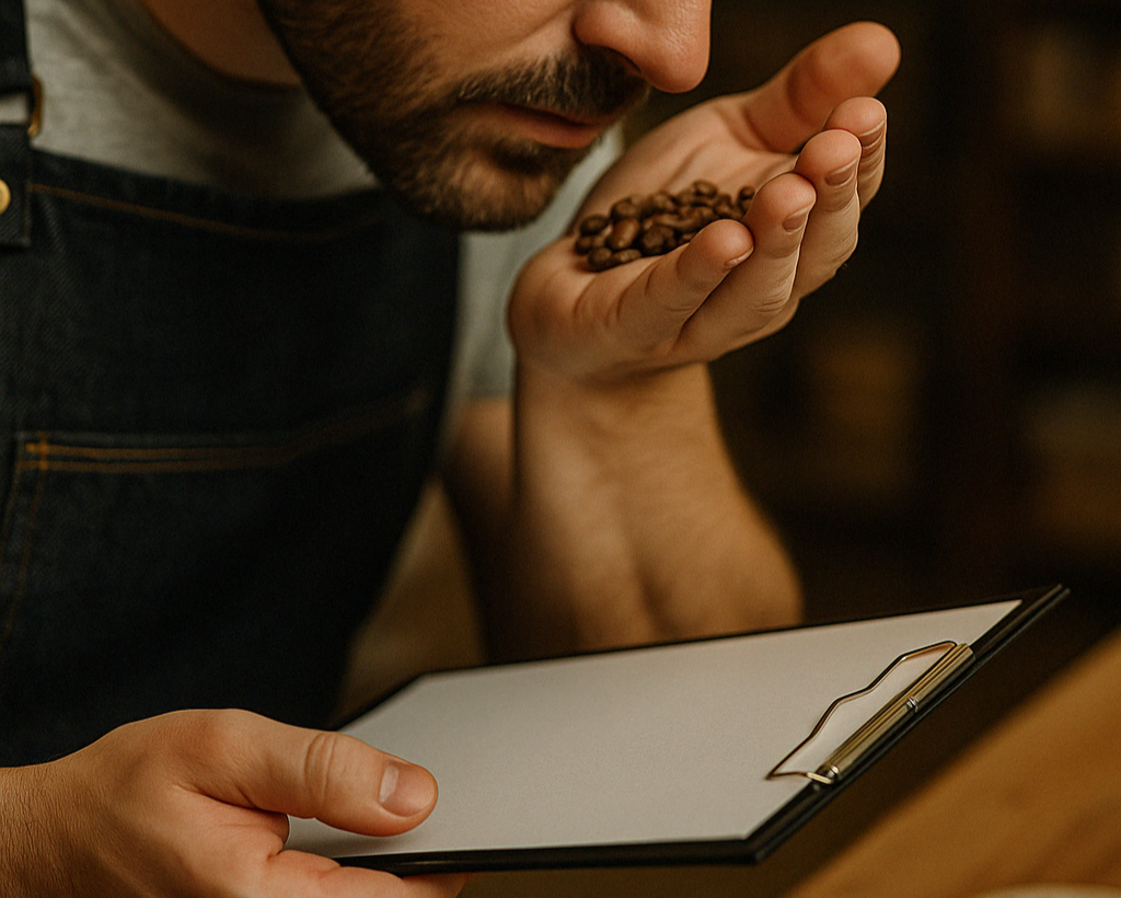 Coffee roaster smelling freshly roasted beans to check quality—manual inspection prone to missed defects and inconsistency